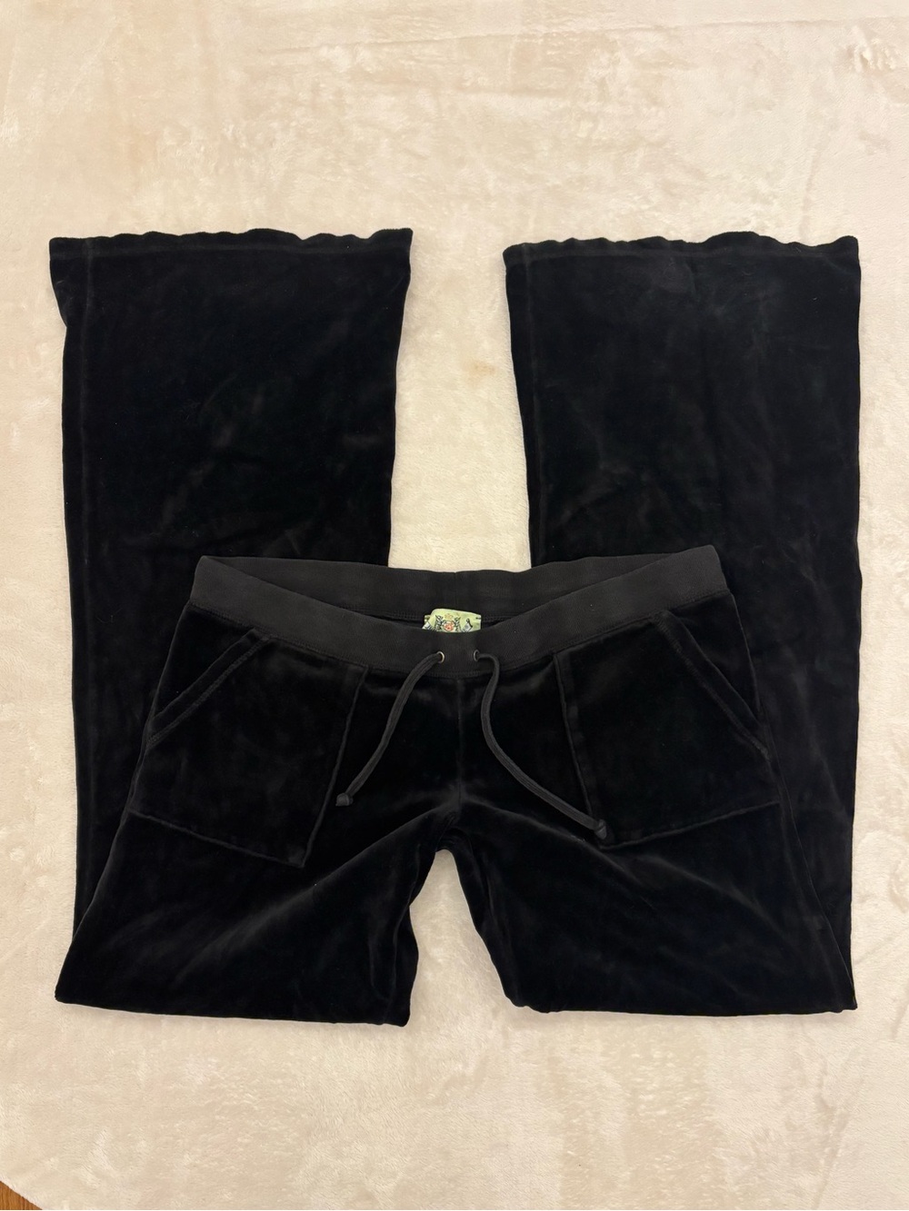 Y2K Vintage Juicy Couture Black Velour Cargo Flare Pants Made USA Sz L